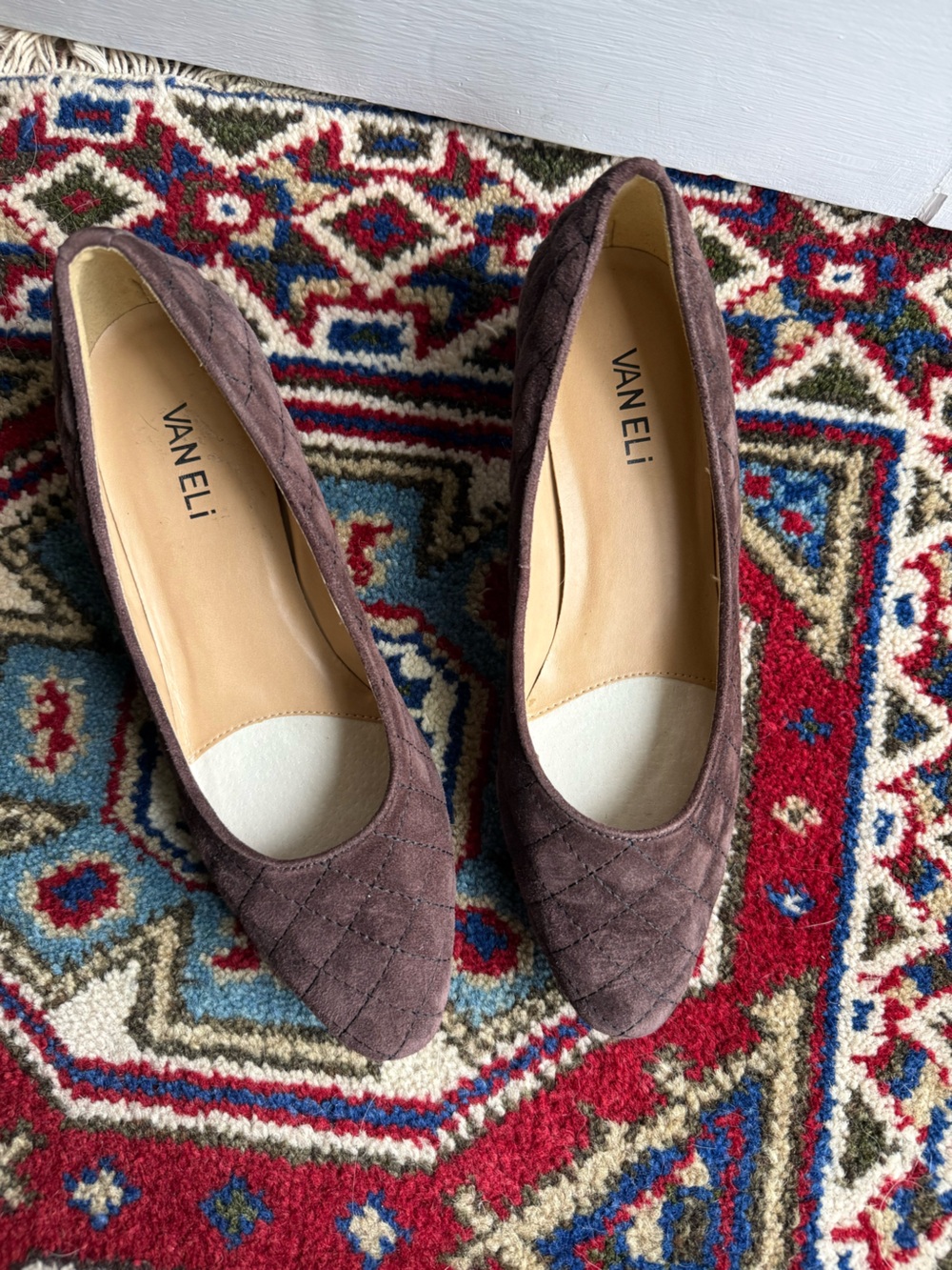 Vaneli Quilted Suede Pointed-Toe Flats in Deep Brown